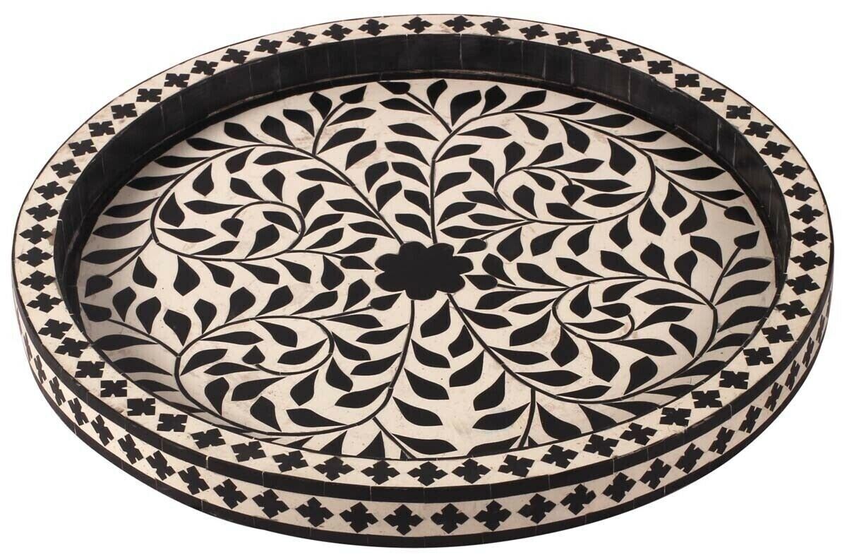 Handcrafted Floral Design Round Inlay Tray – Elegant Decorative Tray