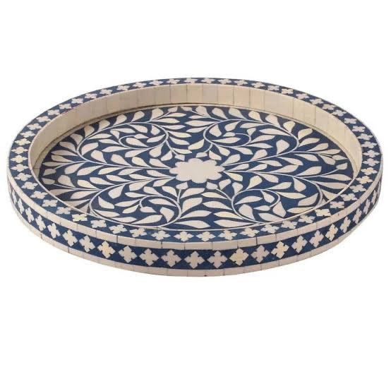 Handcrafted Floral Design Round Inlay Tray – Elegant Decorative Serving Tray